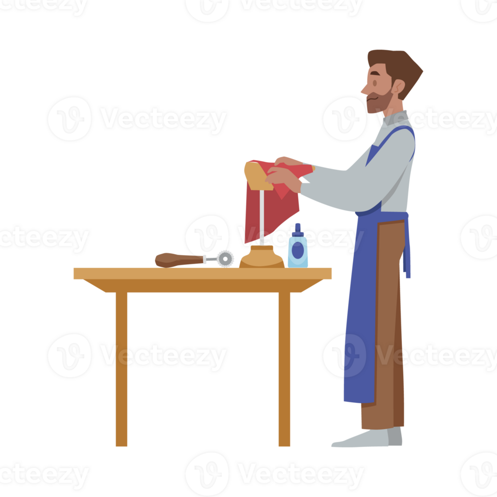 Cartoon shoe maker character, bearded smiling man enjoy leather footwear manufacturing, standing sideview near table. png