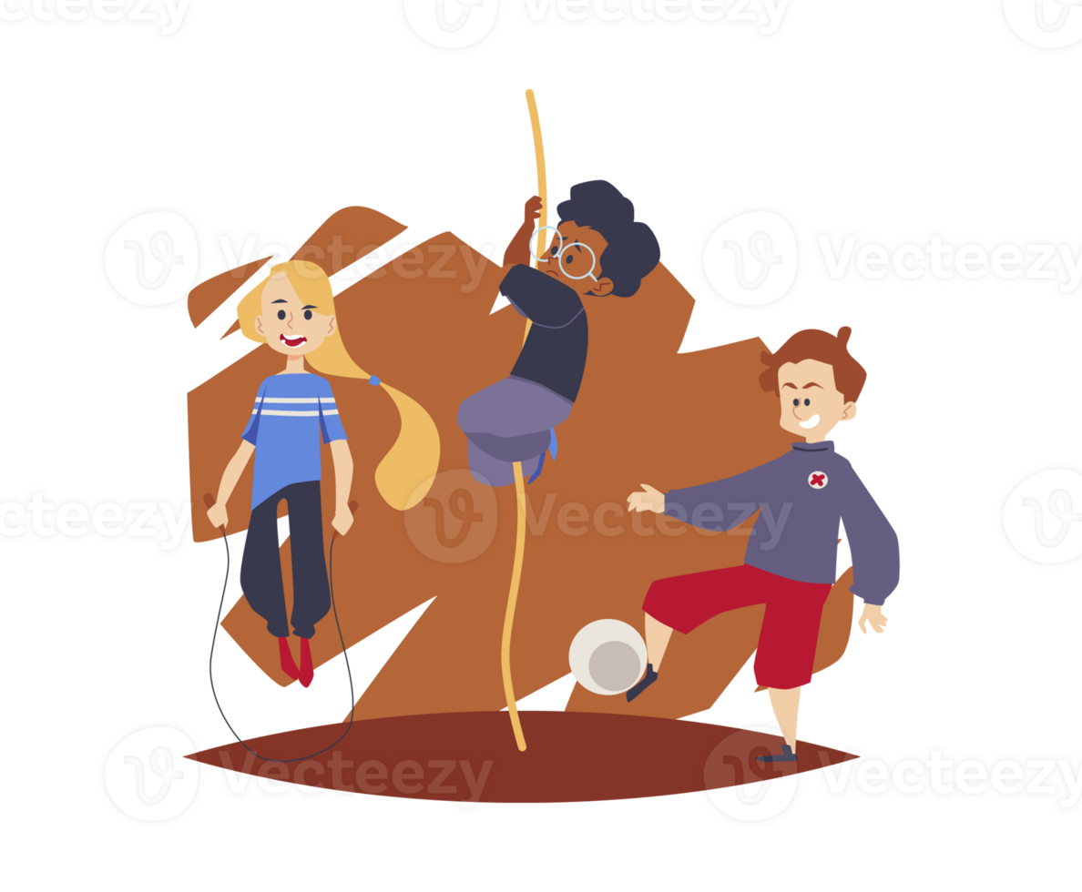 Children exercising at physical education lesson, vector illustration isolated. png