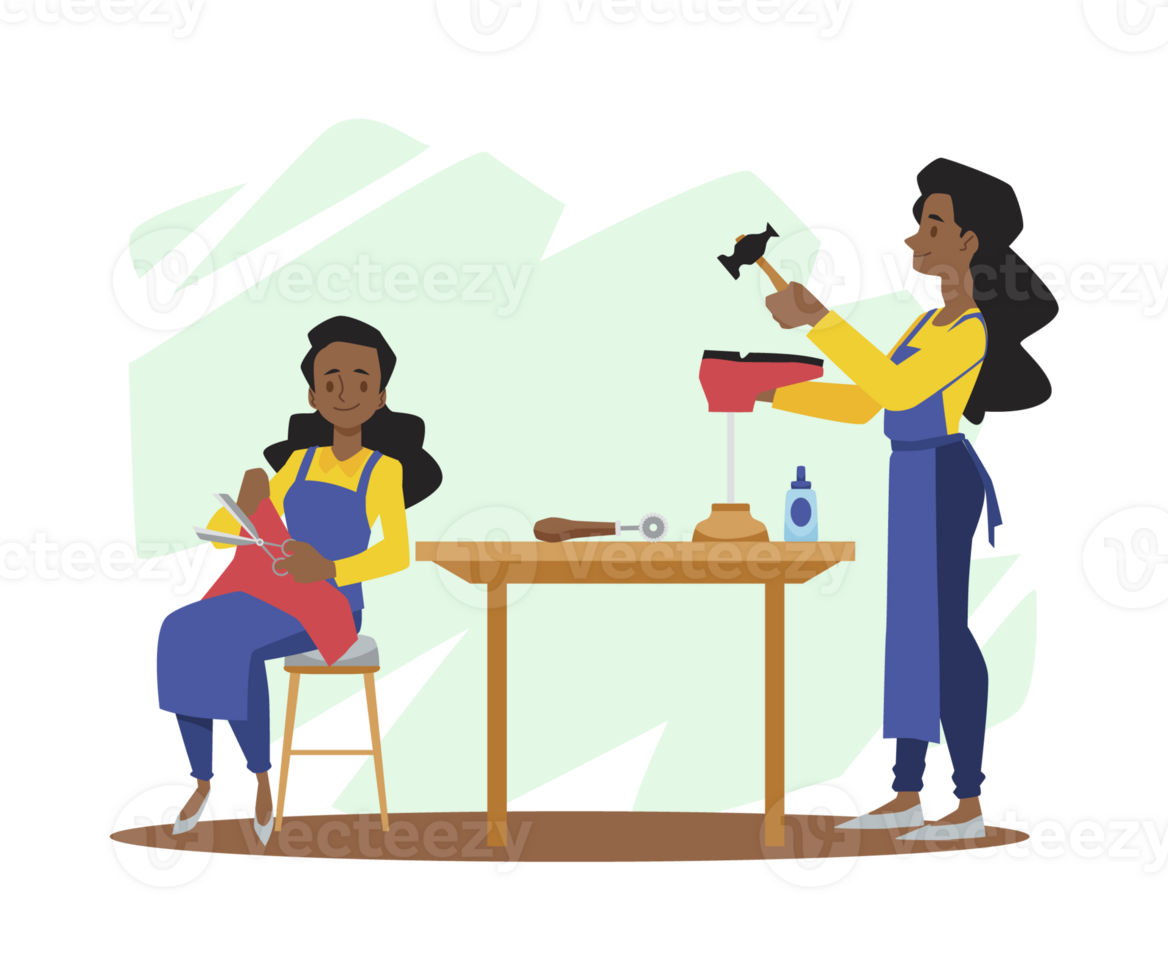 Woman making or repairing shoes with hammer, scissors and glue - cartoon character illustration isolated . png