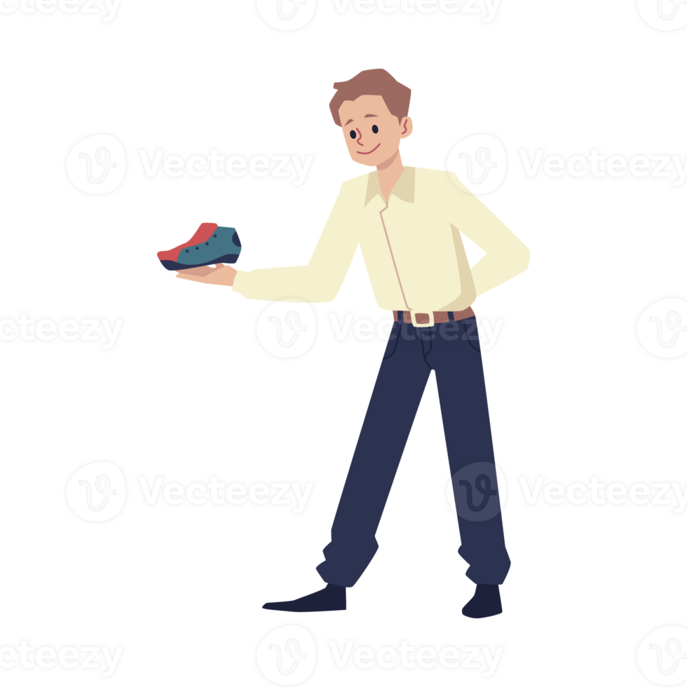 Salesman in shoe store offers sneakers for fitting - flat illustration isolated . png