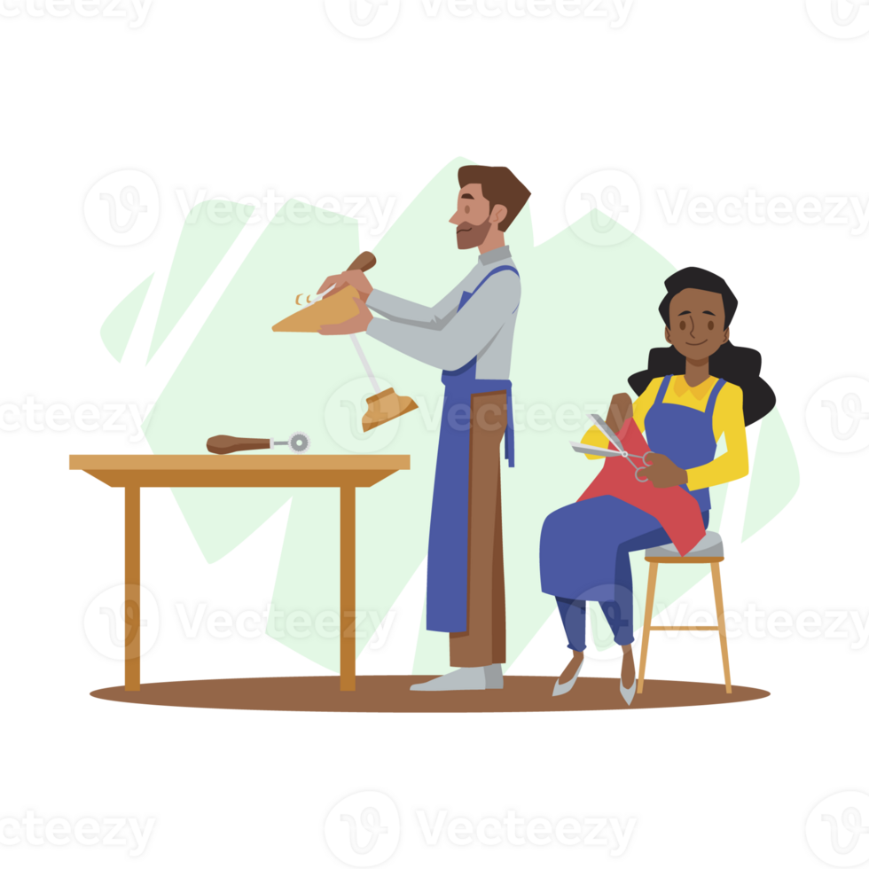 Shoe work shop cartoon concept. Smilling woman sit on the chair cutting leather sheet with scissors. png