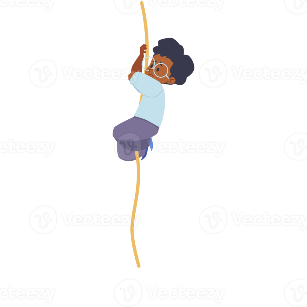 Climbing up the rope kid. Black kid with afro wearing glasses is scared on the climbing rope vector illustration. png