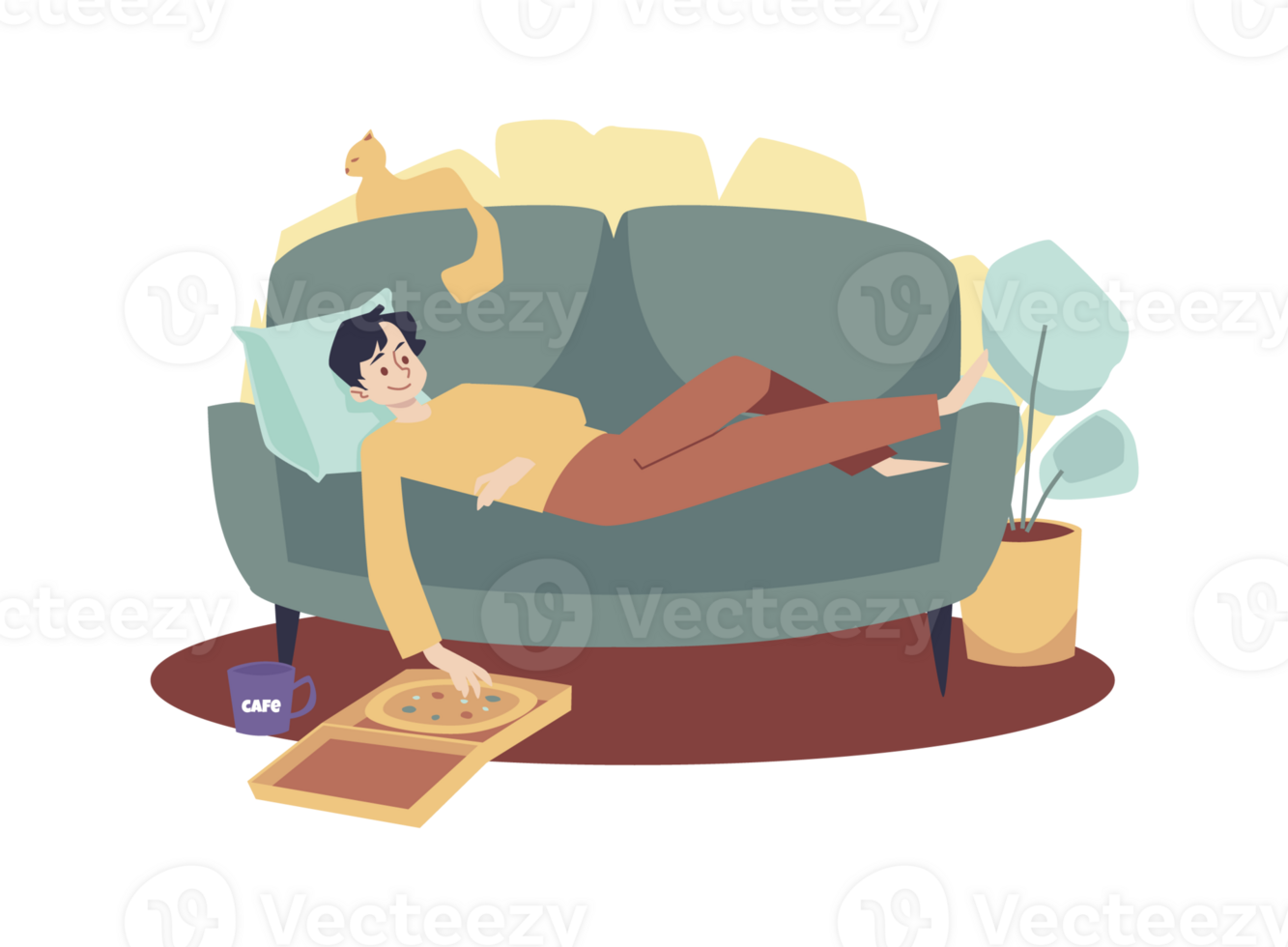 Man lies on sofa with cat, eats pizza and drinks coffee - flat vector illustration isolated on white background. png