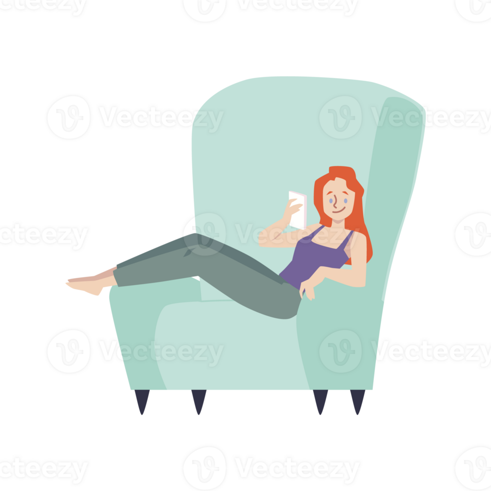 Woman resting in chair and surfing Internet, flat illustration isolated. png