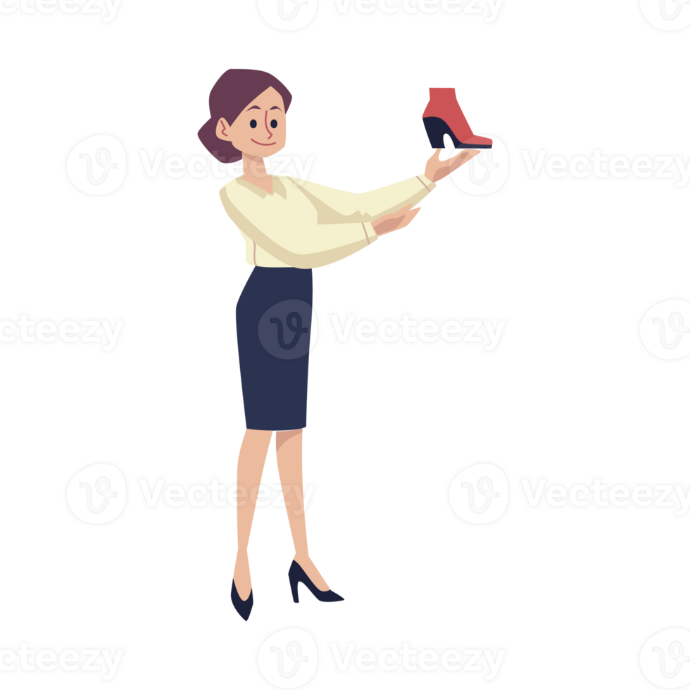 Woman choosing new pair of shoes, flat cartoon illustration isolated. png
