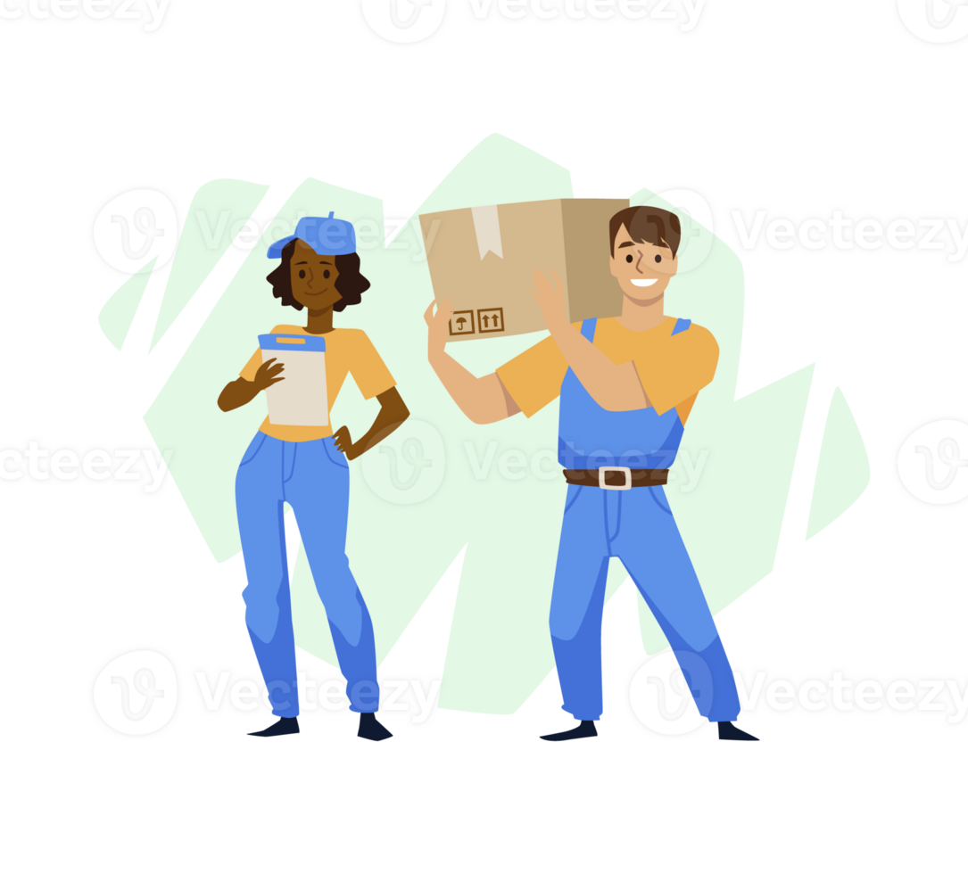 Movers team with cardboard box, black female and strong white man isolated on white background. png