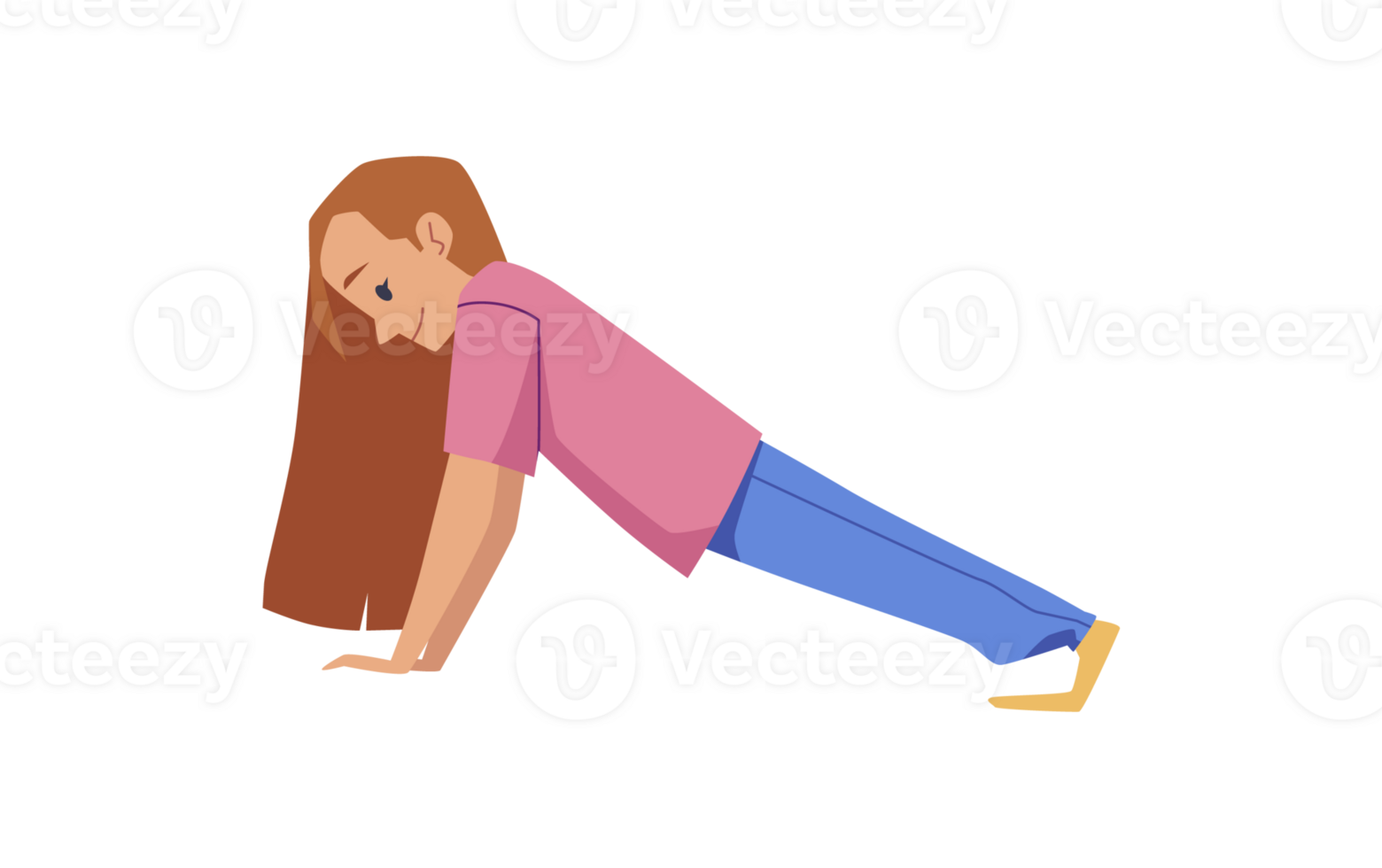 School girl doing plank exercise or pushups, flat vector illustration isolated. png