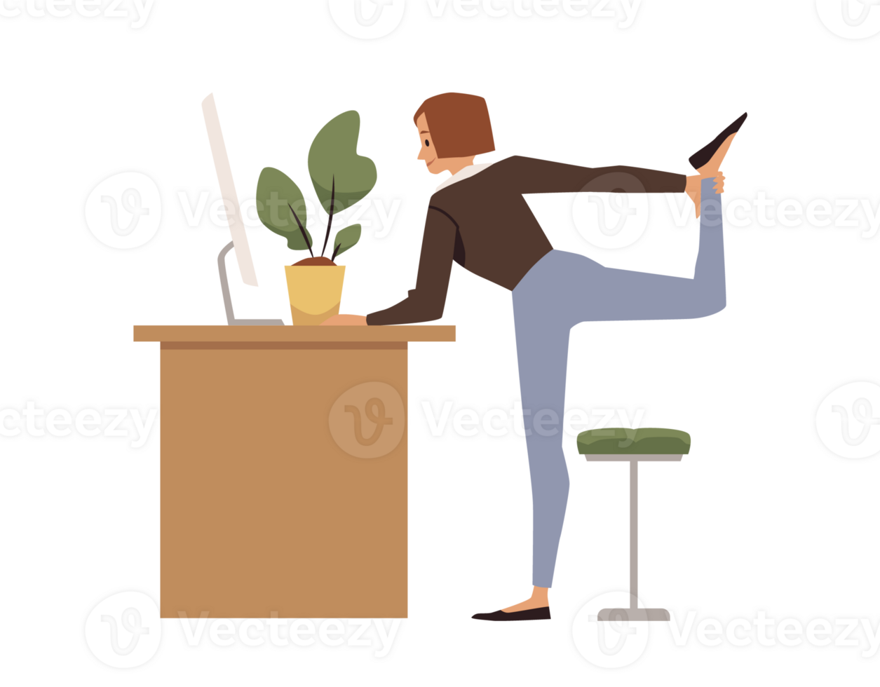 Woman stretches her leg in front of the computer - flat illustration isolated . png