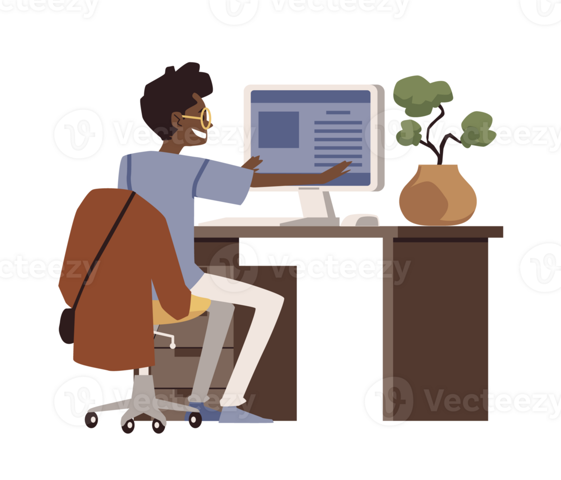 Man doing stretch exercises at workplace, flat illustration isolated. png