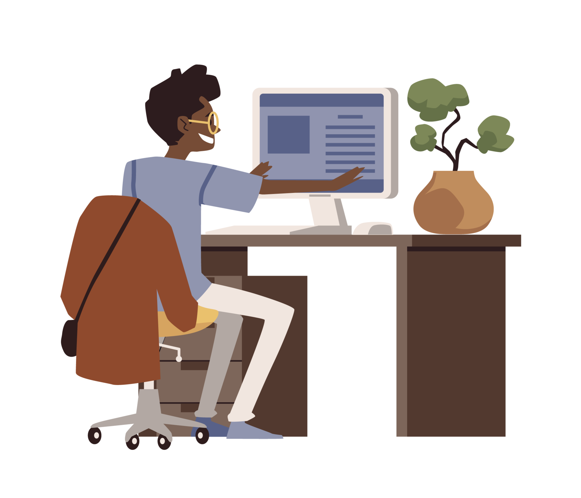 Man doing stretch exercises at workplace, flat illustration isolated