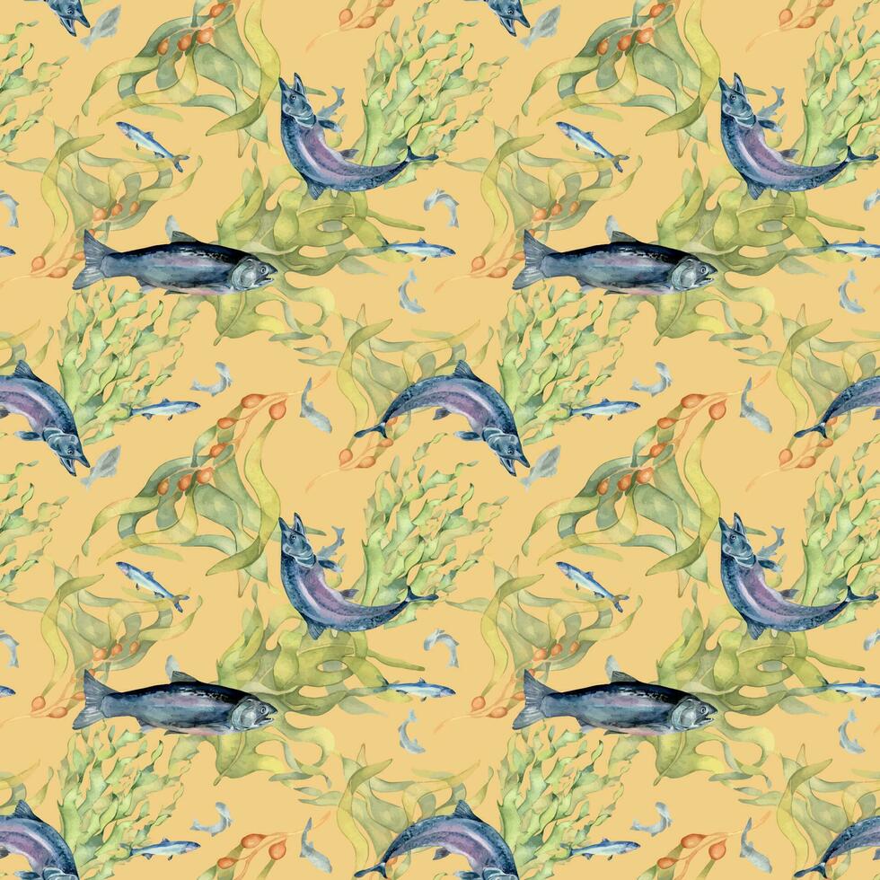 Seamless pattern of salmon and sea plants watercolor isolated on beige. Wild fish, seaweed, laminaria hand drawn. Design element for textile, packaging, paper, wrapping, background, fish market vector