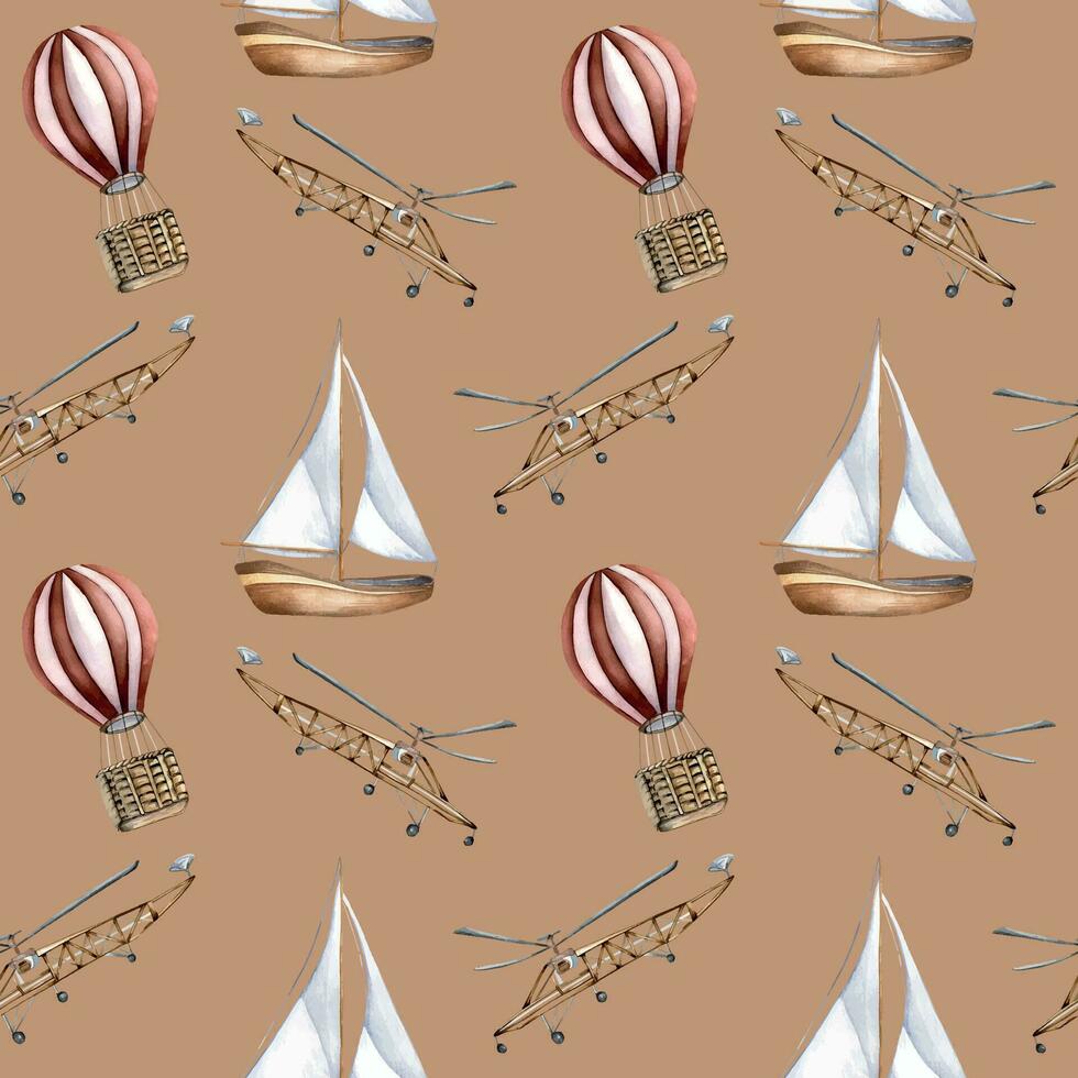 Sailing ship, air balloon, airplane watercolor seamless pattern isolated on beige. Boat, aircraft, vessel, aerostat hand drawn. Print for boy, wrapping, textile, vintage style wallpaper, background vector