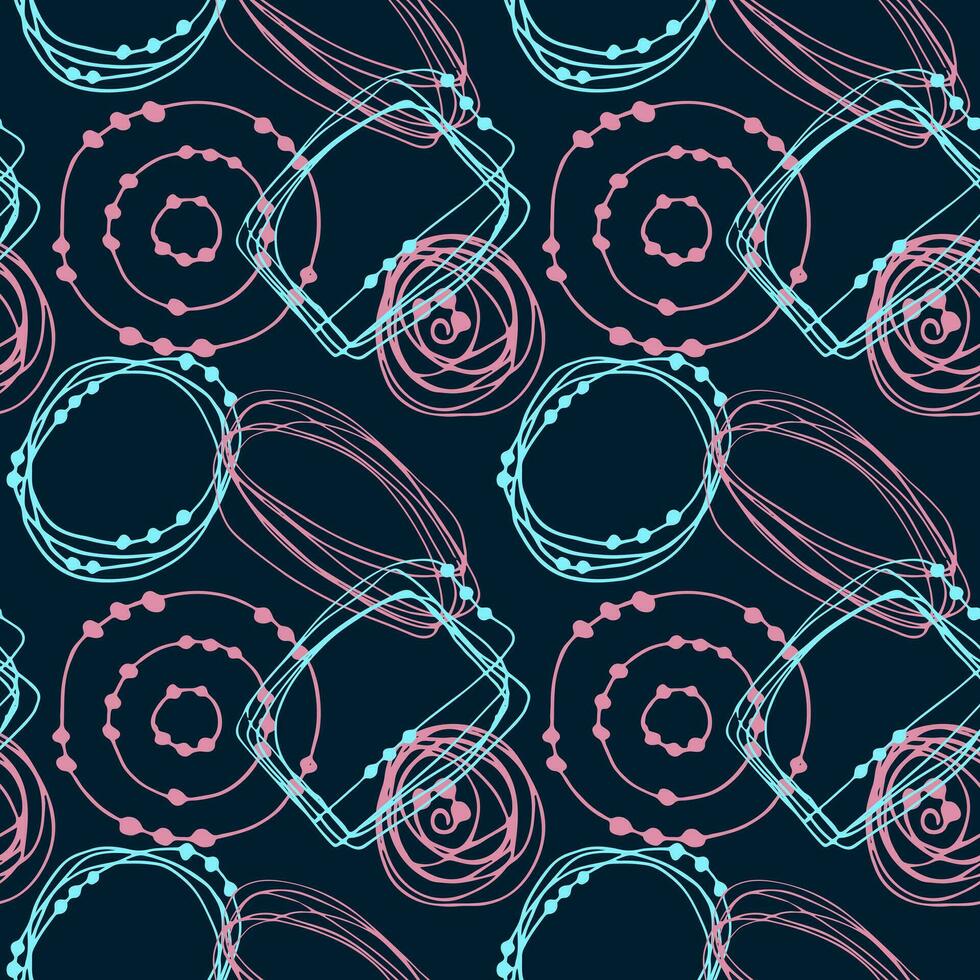 Dark pattern abstract hand drawn doodle circles and round shapes blue and pink colors. vector