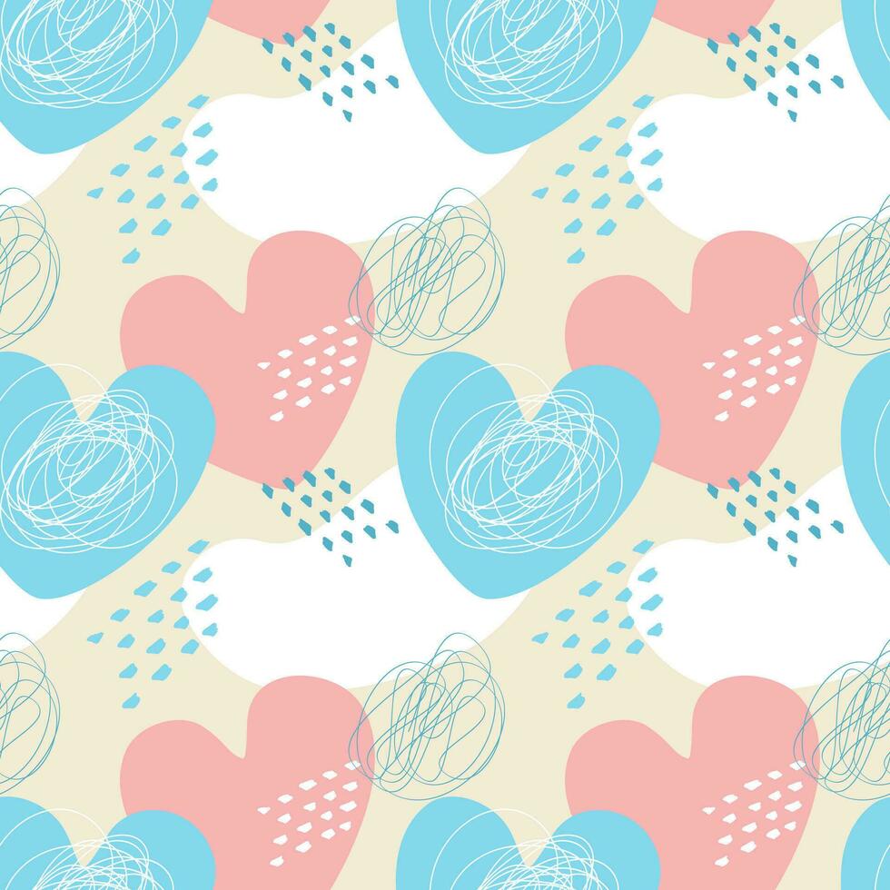 Love pattern heart blue and pink colors in boho style, doodle hand drawn elements. vector