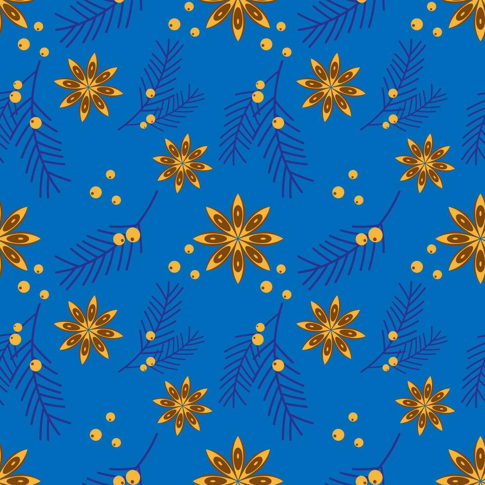 invierno Navidad nuevo año azul modelo con estrella anís, abeto conífero rama enebro rojo baya. vector