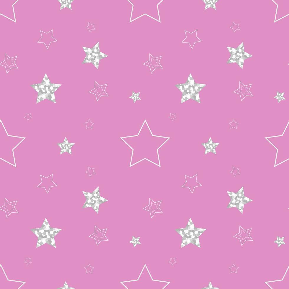 Seamless pattern on pink background with silver confetti stars. vector