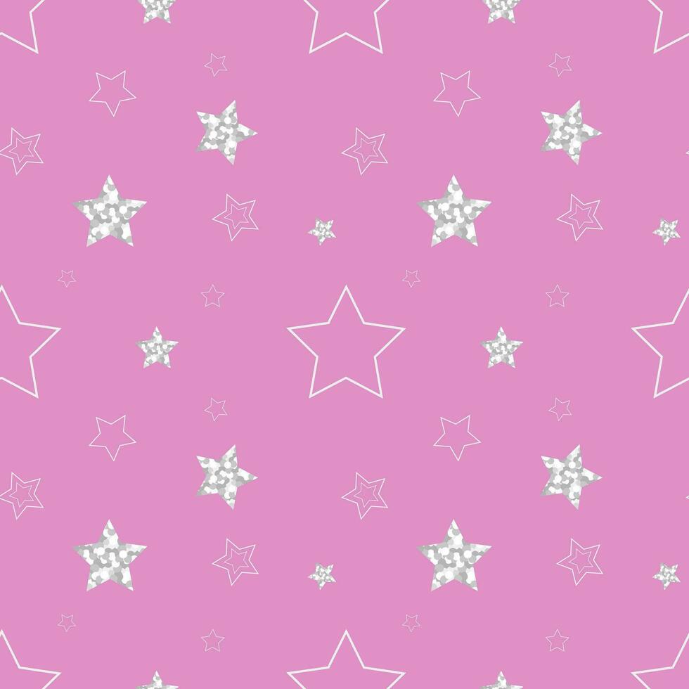 Seamless pattern on pink background with silver confetti stars. vector