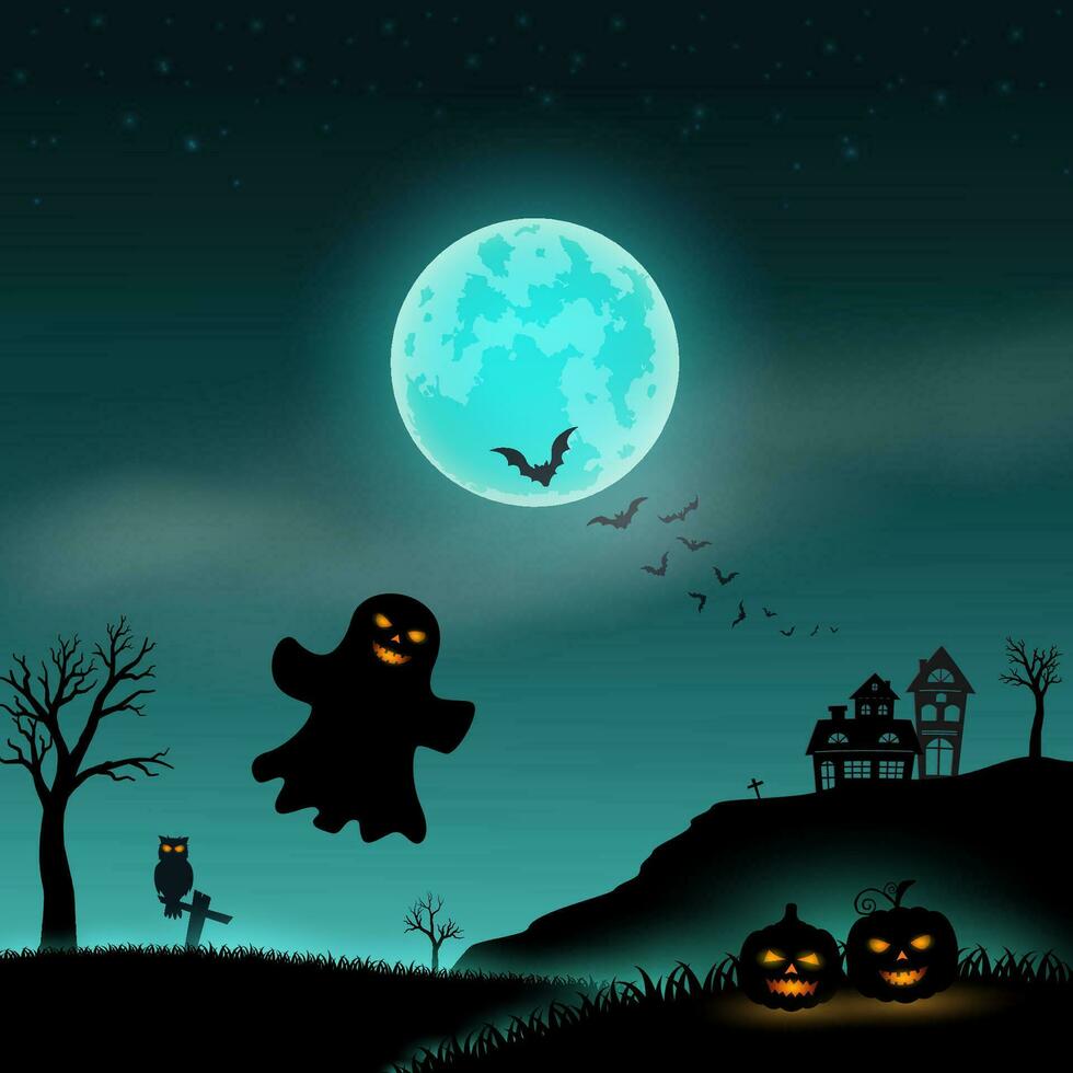 Halloween night scene background with haunted house,scary pumpkin and ghost on full moon night vector