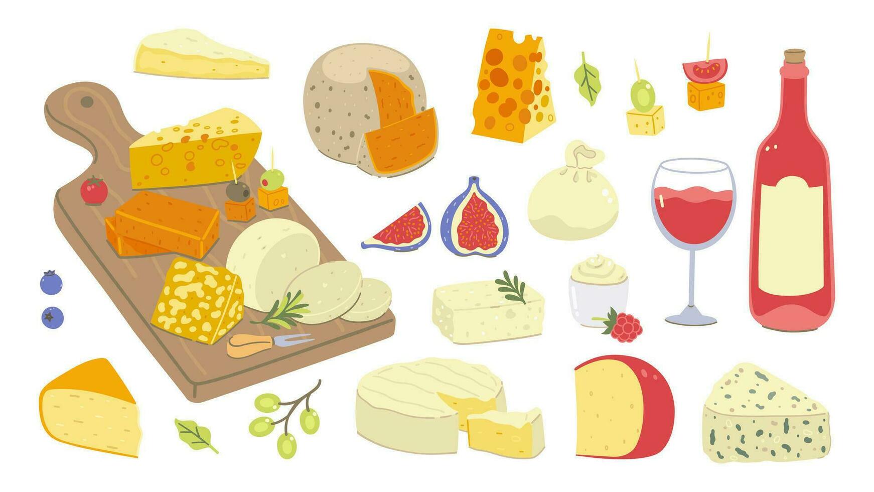 Set of cheese, wine and food isolated on white background. Cheese on the board. Vector graphics.