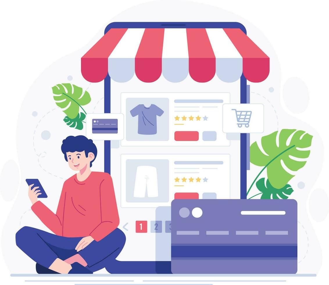 Online shopping concept. Online payment using application concept. Purchases on internet with bank credit card. Online shopping concept in flat style. Vector illustration