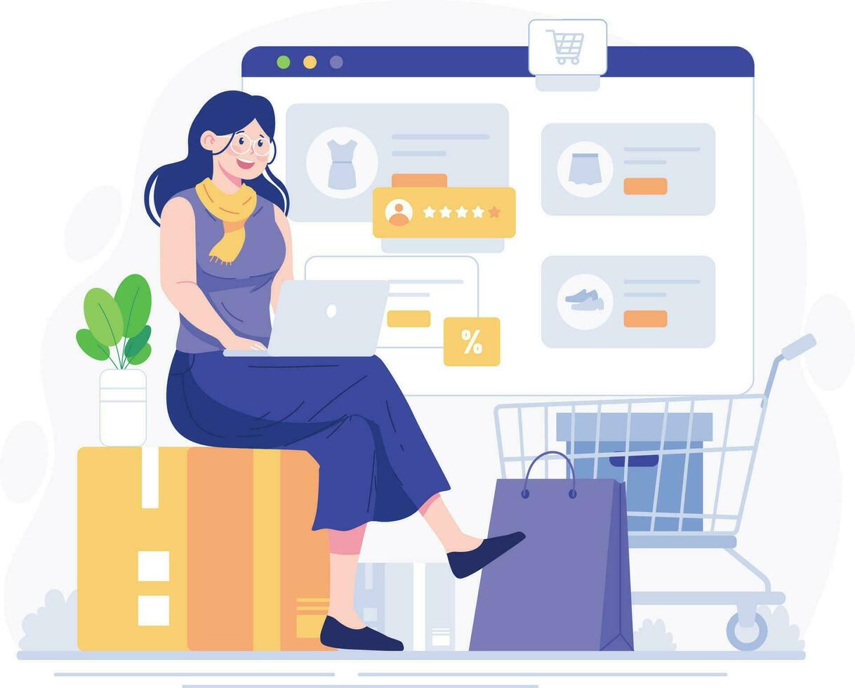 Online shopping concept. Young woman with laptop and shopping cart. Online shopping on website or mobile app. Order goods and get them fast and easy. Vector illustration.
