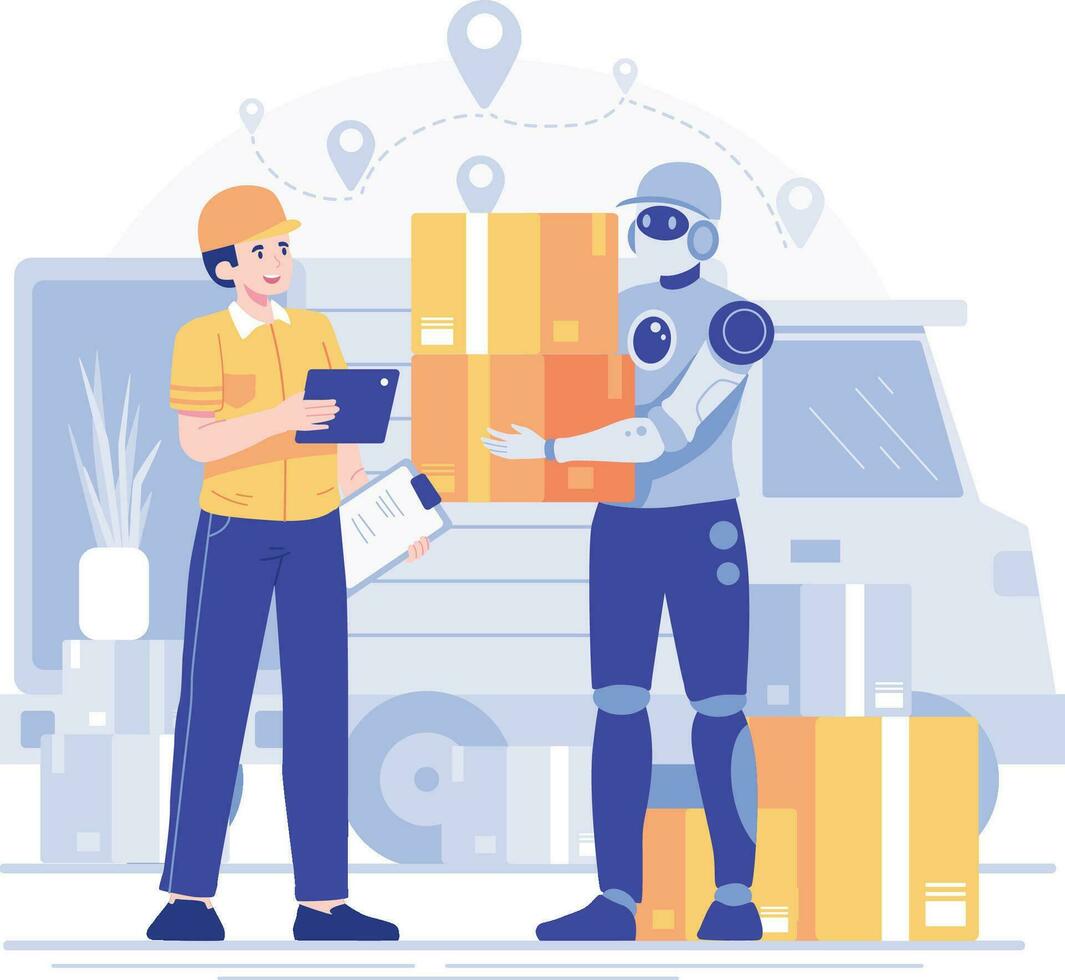 Warehouse worker with robot and delivery man. Delivery service concept style. Robots with e-commerce. For shipping, modern technology, artificial intelligence technology concept. vector