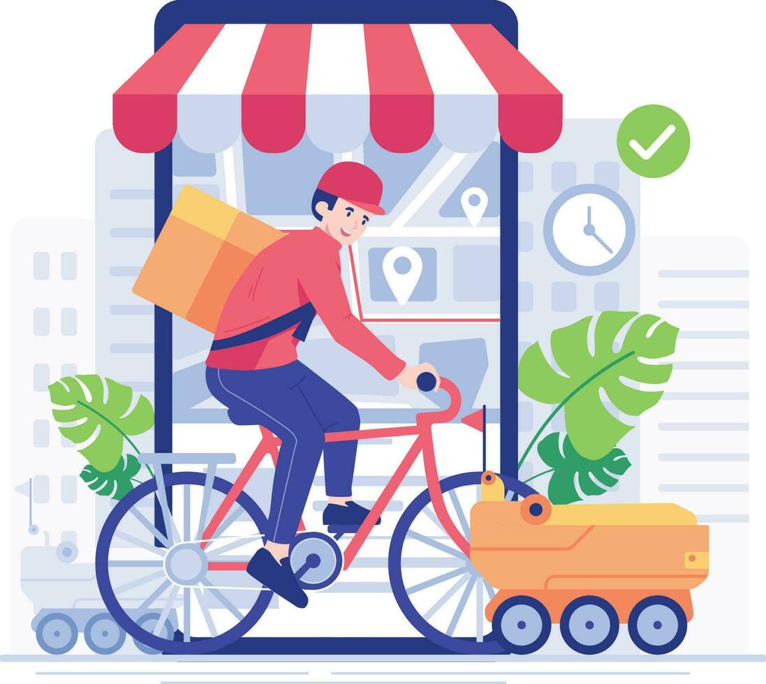 Online delivery service concept. Vector illustration in flat style. Delivery man rides a bicycle with delivery robot car. For shipping, modern technology, artificial intelligence technology concept.