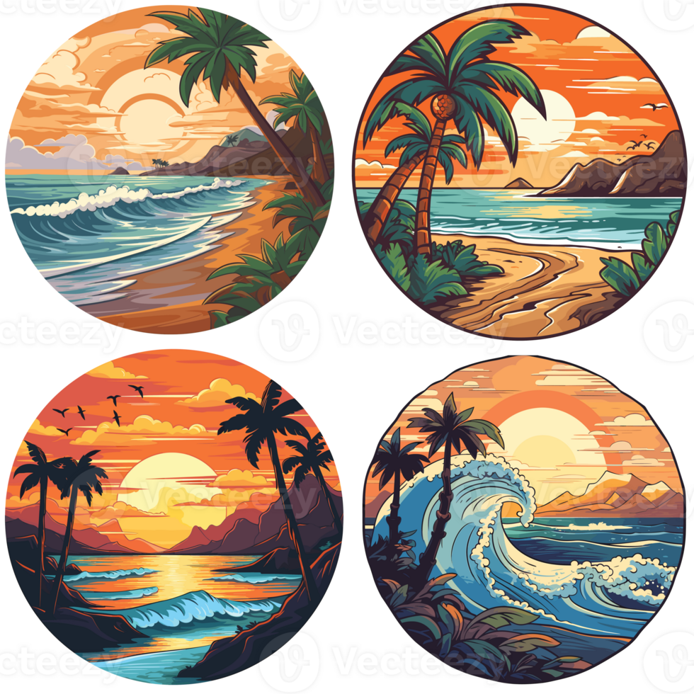 Beach illustration sticker pack, round stick pack, beach illustrations png