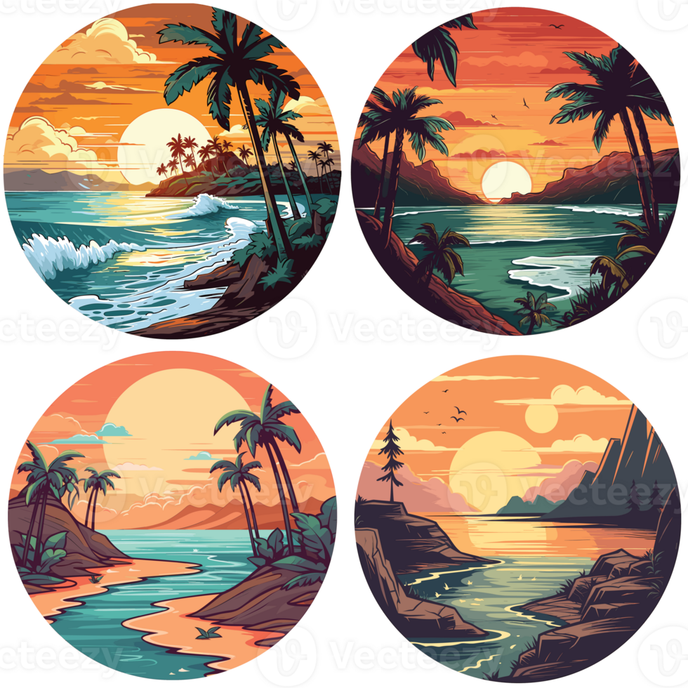 Beach illustration sticker pack, round stick pack, beach illustrations png