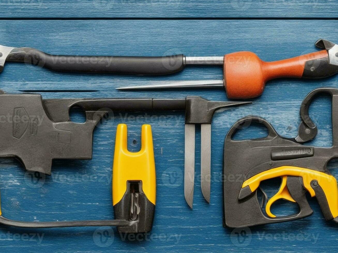 Variety of construction tools on blue wooden background. Top view with Generative AI photo