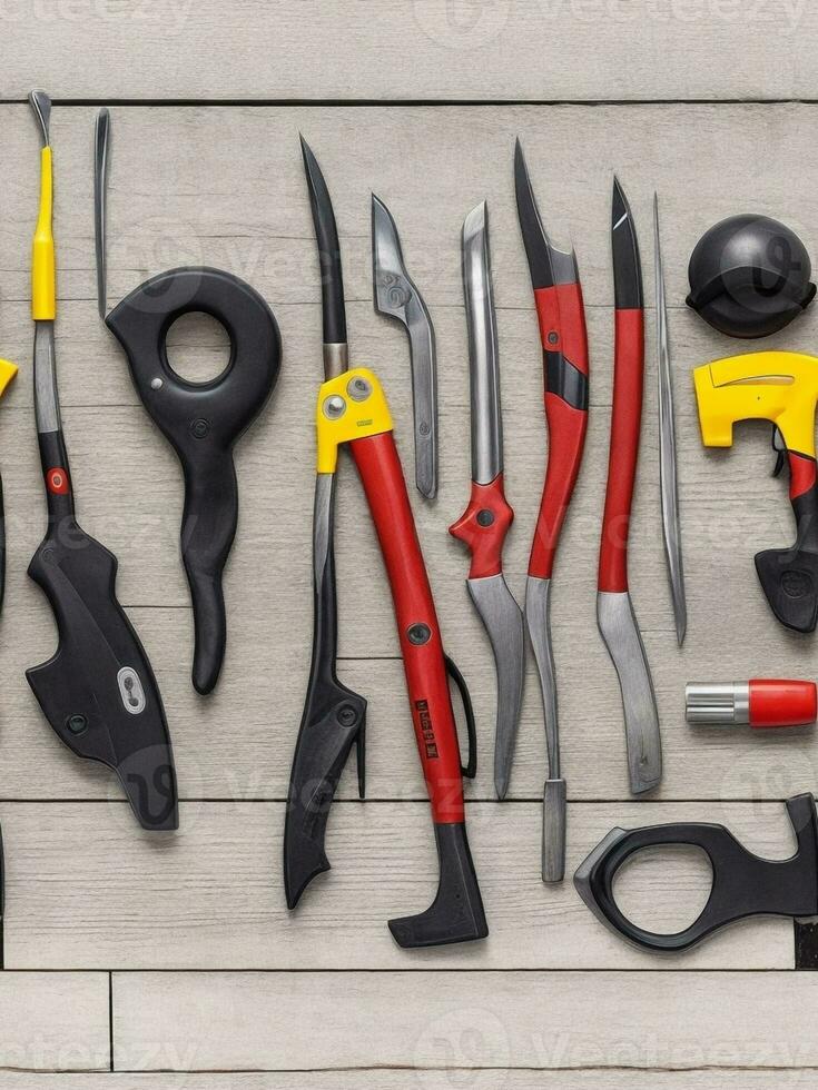 Set of construction tools on wooden background, top view, copy space with Generative AI photo