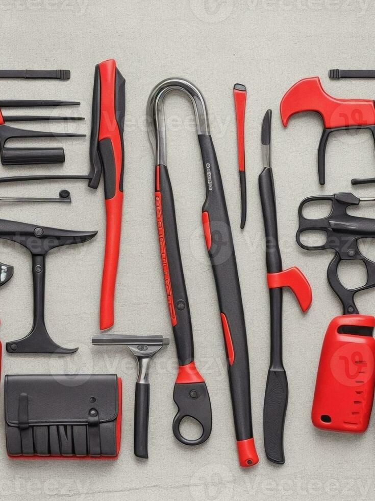 Assorted construction tools on grey background. Top view with copy space with Generative AI photo