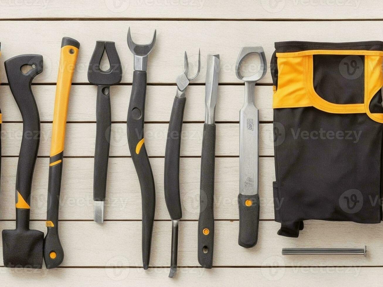 Variety of tools on wooden background. Top view with copy space with Generative AI photo