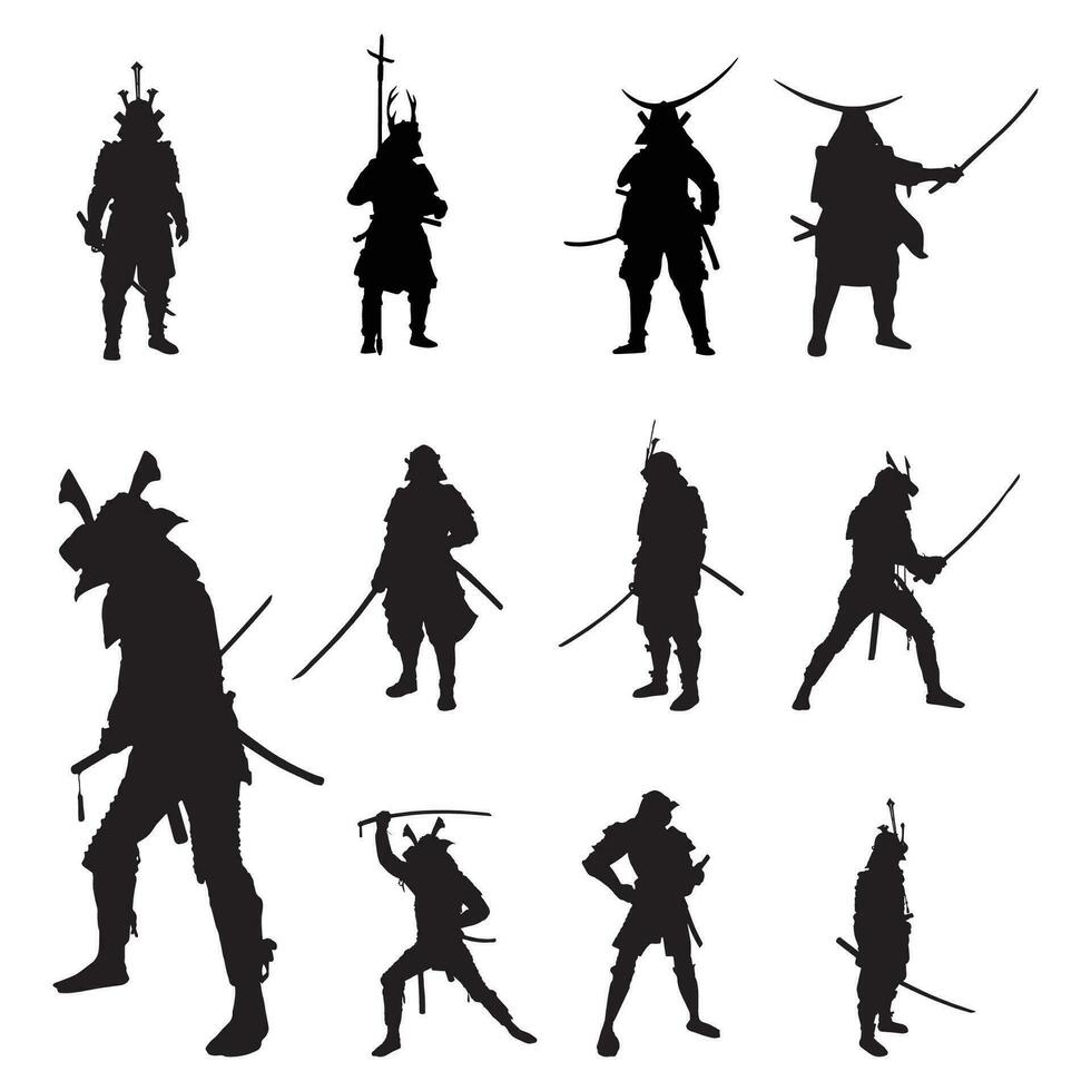 samurai silhouette set collection isolated black vector illustration