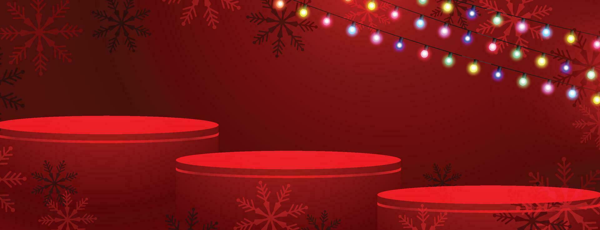 Merry Christmas banner with product display cylindrical shape and christmas tree paper cut style vector