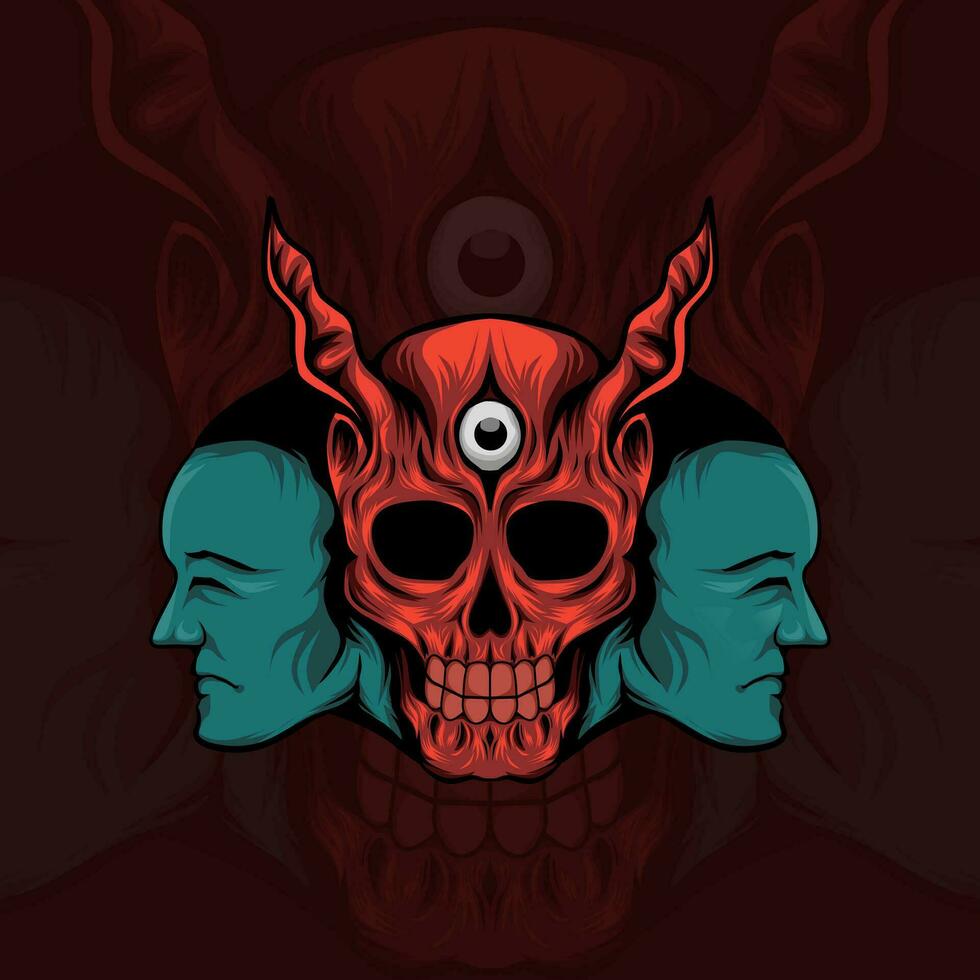 illustration of a skull with horns and two faces on each side vector