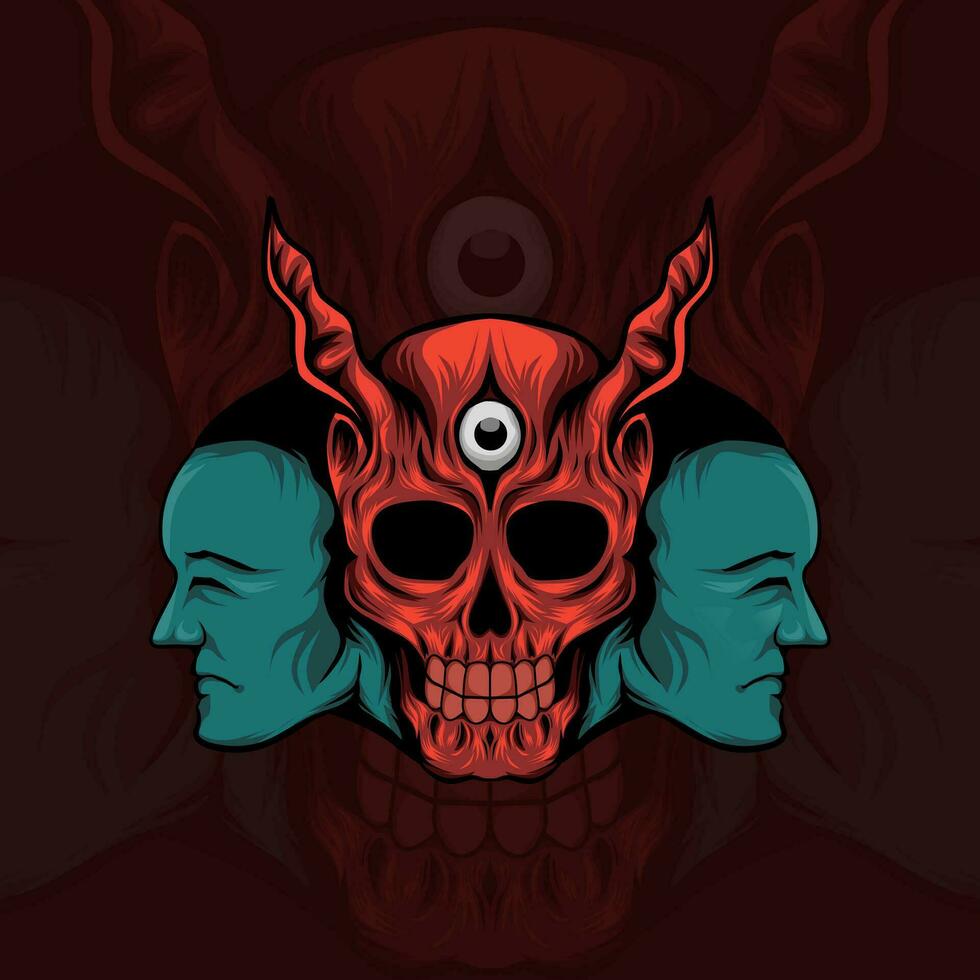 illustration of a skull with horns and two faces on each side vector