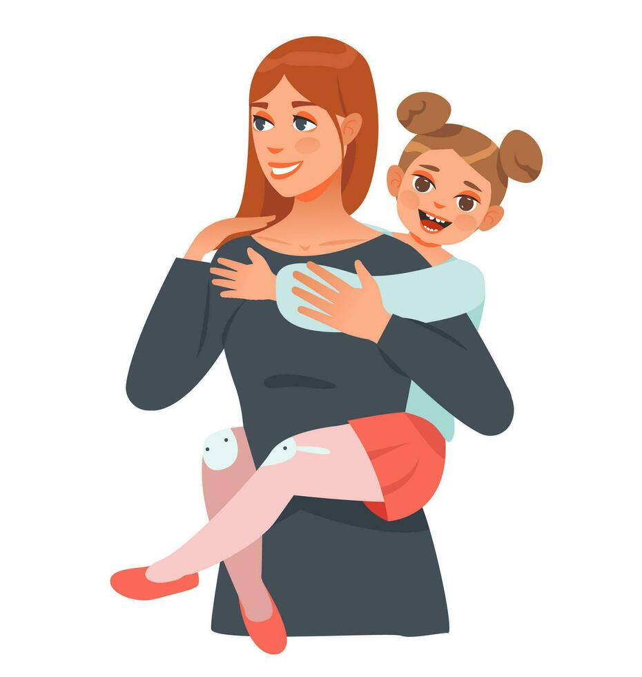 Mother and daughter hug. Happy mom and girl child embracing. Cartoon vector illustration.