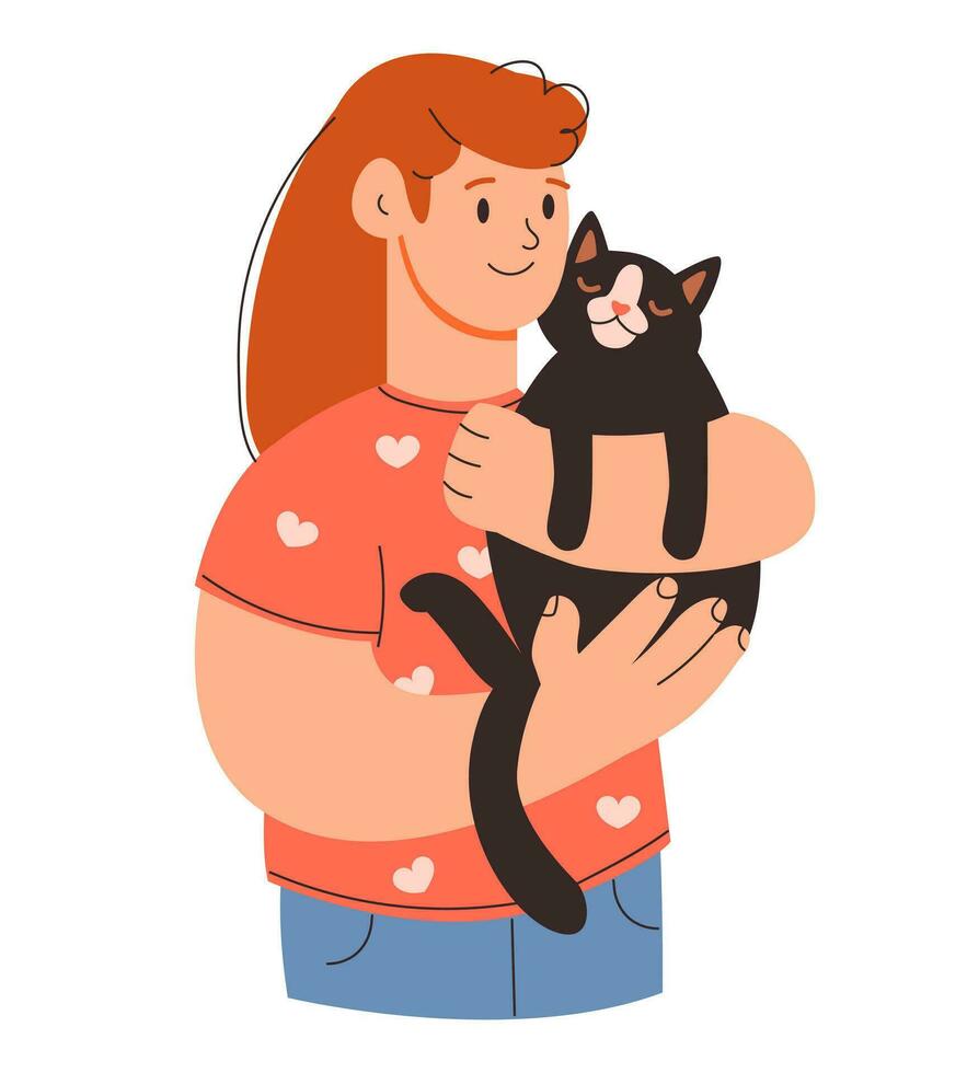 un mujer con un gato en su brazos. un mujer abrazos un gatito. mascota dueño. plano vector ilustración.