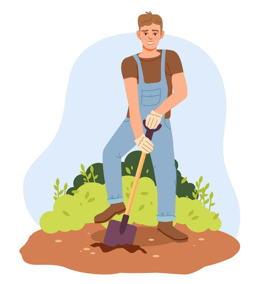 un masculino jardinero con un pala. plano vector ilustración.