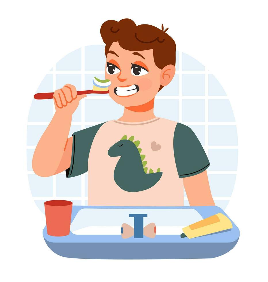 dental higiene. bebé chico cepillado su dientes en pijama. plano vector ilustración.