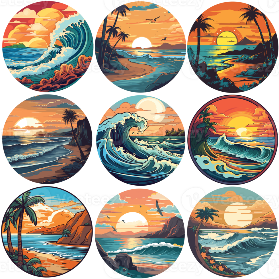 Beach illustration sticker pack, round stick pack, beach illustrations png