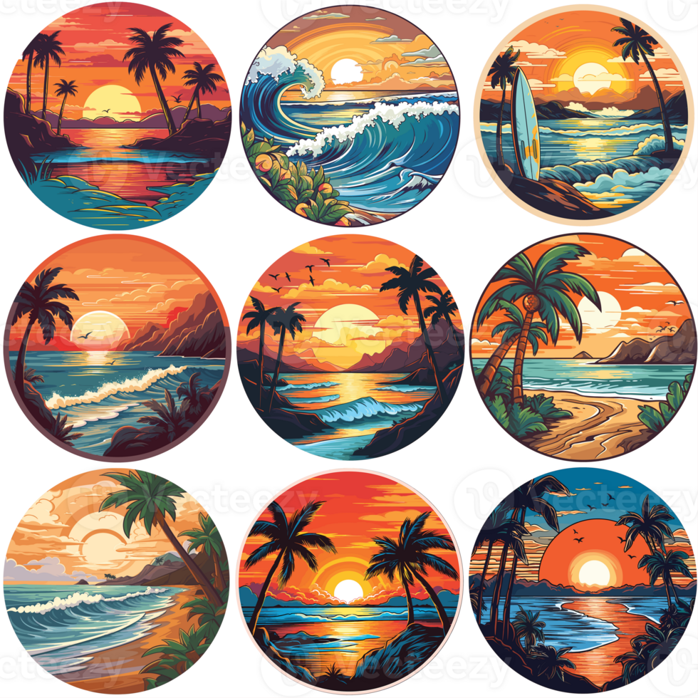Beach illustration sticker pack, round stick pack, beach illustrations png