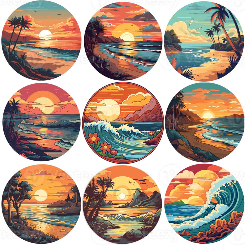 Beach illustration sticker pack, round stick pack, beach illustrations png