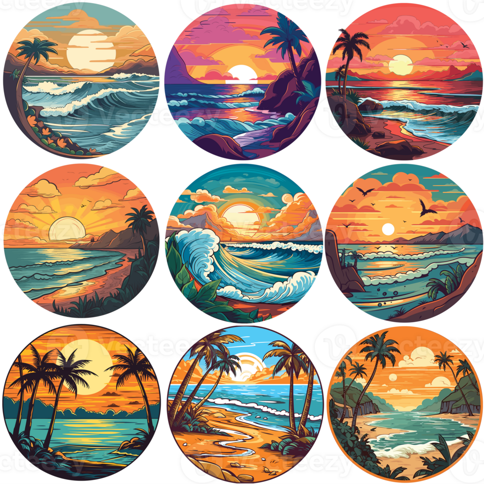 Beach illustration sticker pack, round stick pack, beach illustrations png