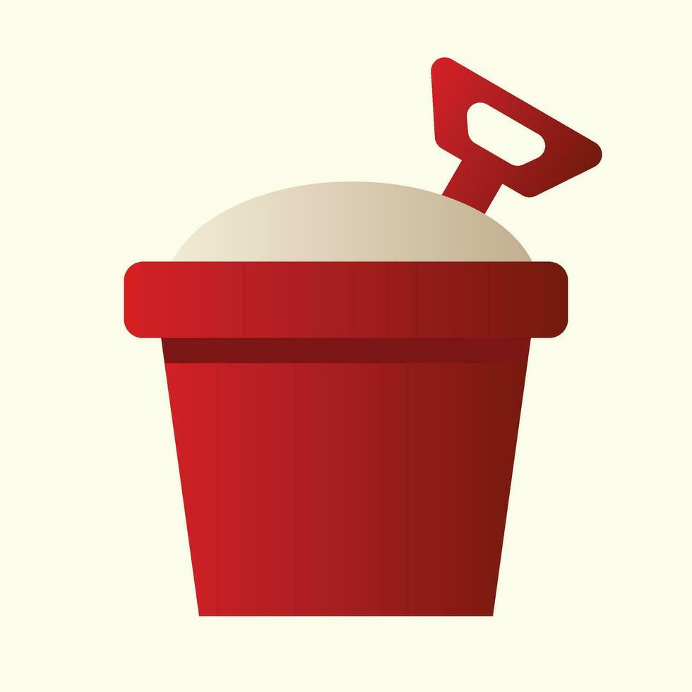 red bucket filled with beach sand with a shovel vector