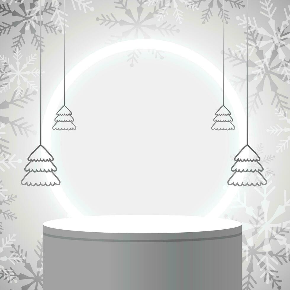 Merry Christmas banner with product display cylindrical shape and christmas tree paper cut style vector
