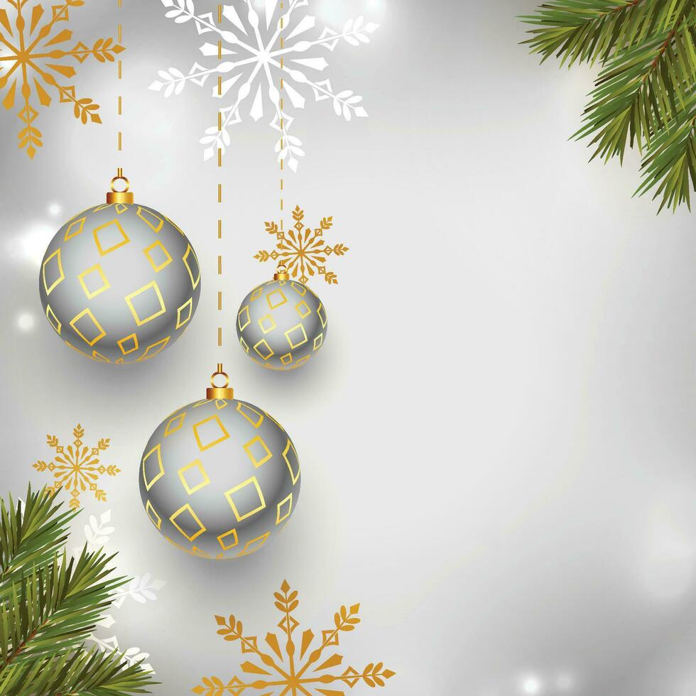 Christmas background. Xmas design decorative ornaments, white bauble balls, silver gift boxes, gold round beads. New Year's pattern of decorative realistic objects. Festive light composition vector