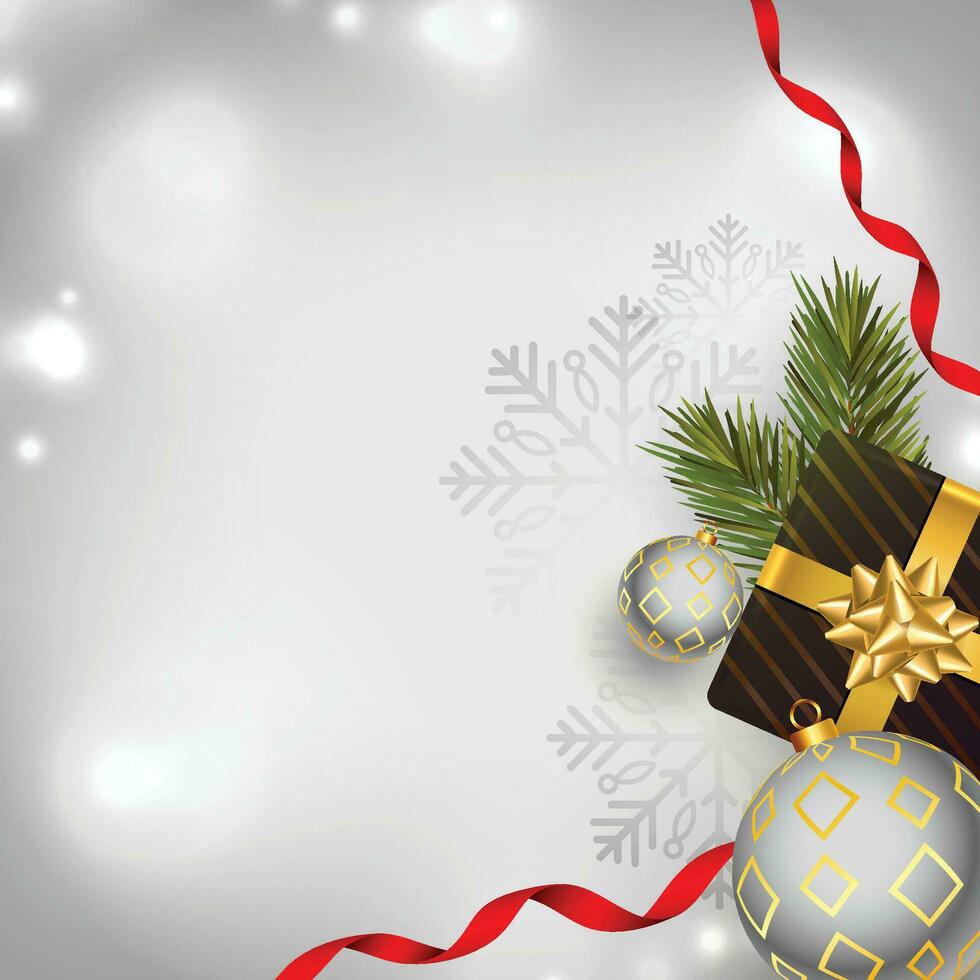 Christmas balls, holiday gifts with golden bow, fir tree branches, pine cones and shiny stars. Illustration can be used for Christmas design, posters, cards, websites and banners. vector