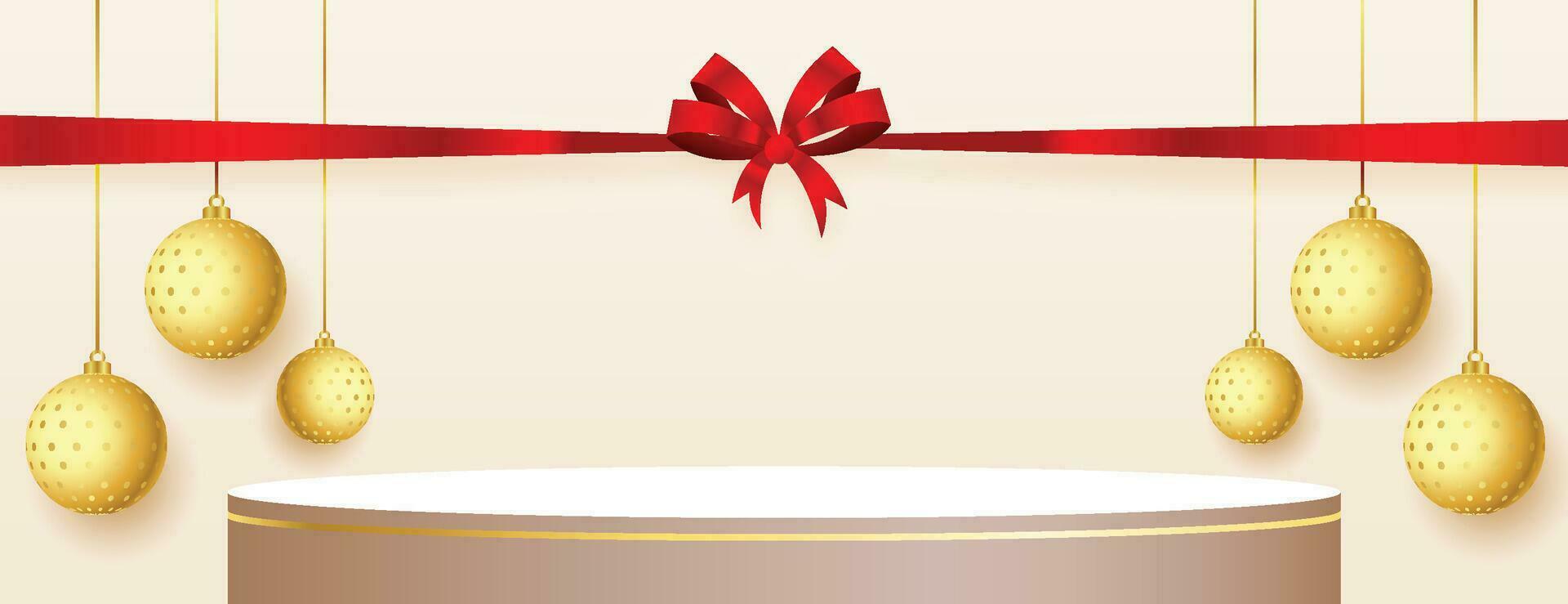 Merry Christmas banner with product display cylindrical shape and festive decoration for christmas vector